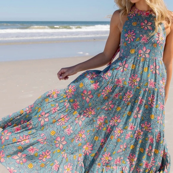 NATURAL LIFE Dresses & Skirts - NATURAL LIFE Teal Maxi Dress with Pink & Yellow Floral Print